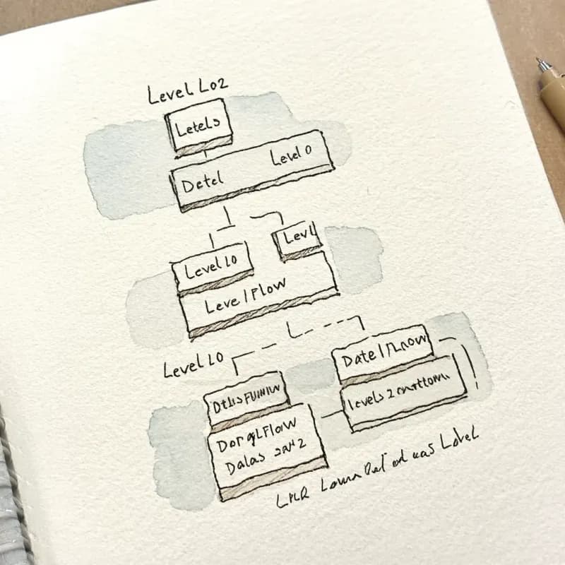 Three stacked DFD layouts in increasing detail: Level 0, Level 1, and Level 2