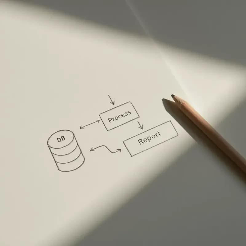 Pencil sketch with a database cylinder labelled DB, a central process bubble labelled Process, and an output rectangle labelled Report