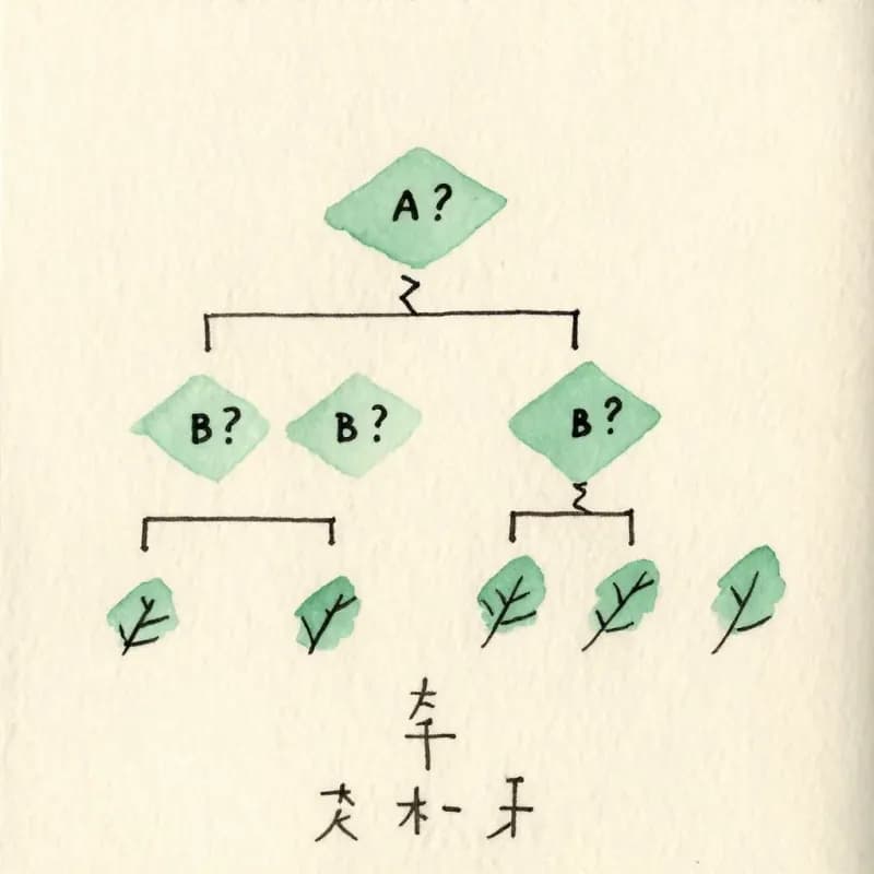 Two-level decision tree of pen-drawn diamonds branching into leaf rectangles