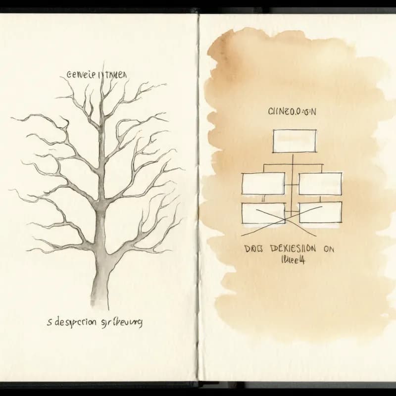 Decision tree on left and an ML-style tree node with gini statistics on right faintly crossed out