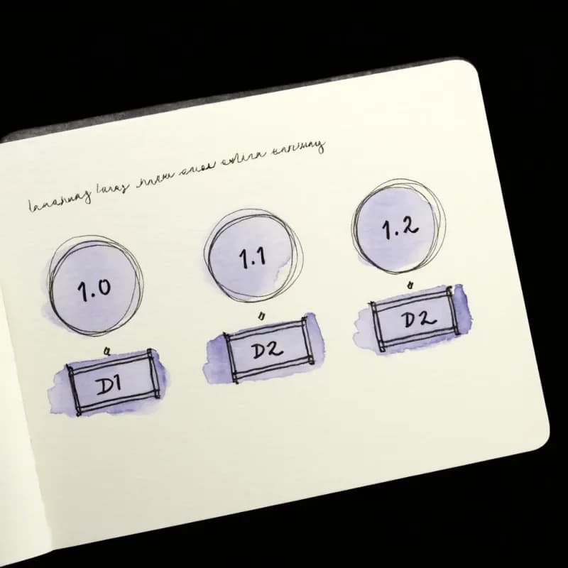 Three numbered process circles 1.0, 1.1, 1.2 above two data store rectangles D1 and D2