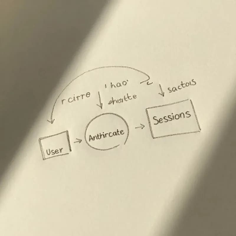 Pencil sketch with a User entity square on left, an Authenticate process circle in the middle, and a Sessions data store on the right