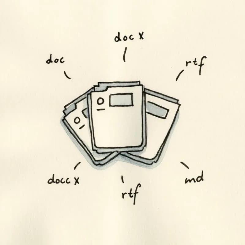 Fan of five file icons: doc, docx, txt, rtf, md