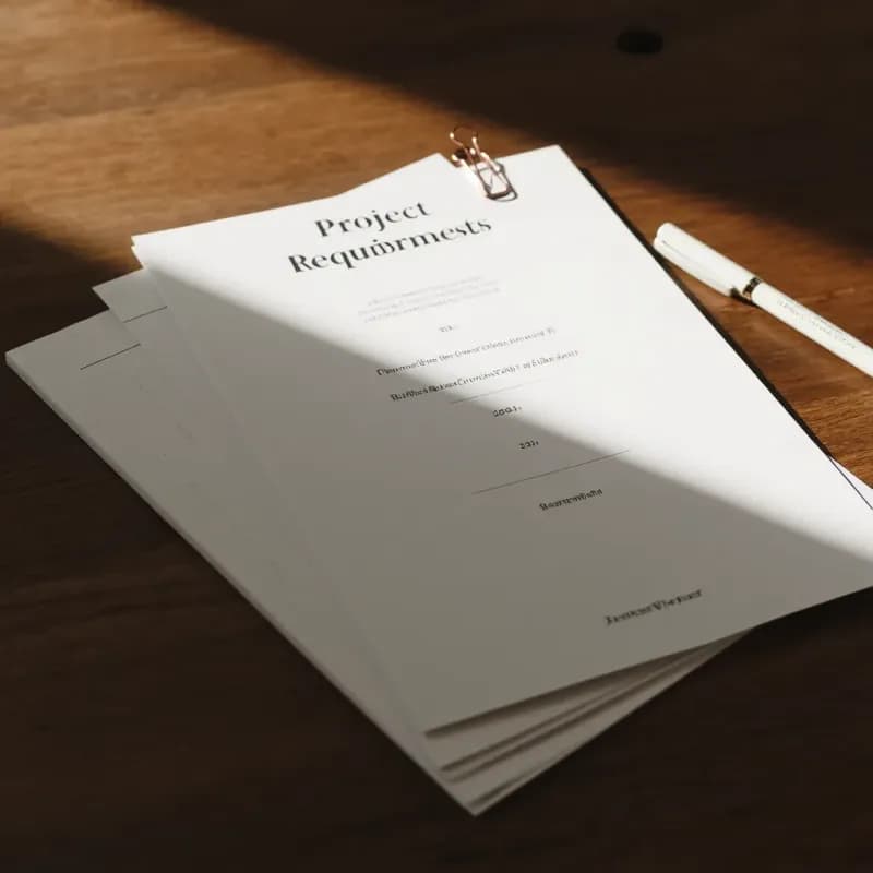 Stack of three paper documents with the top sheet titled Project Requirements followed by numbered paragraphs