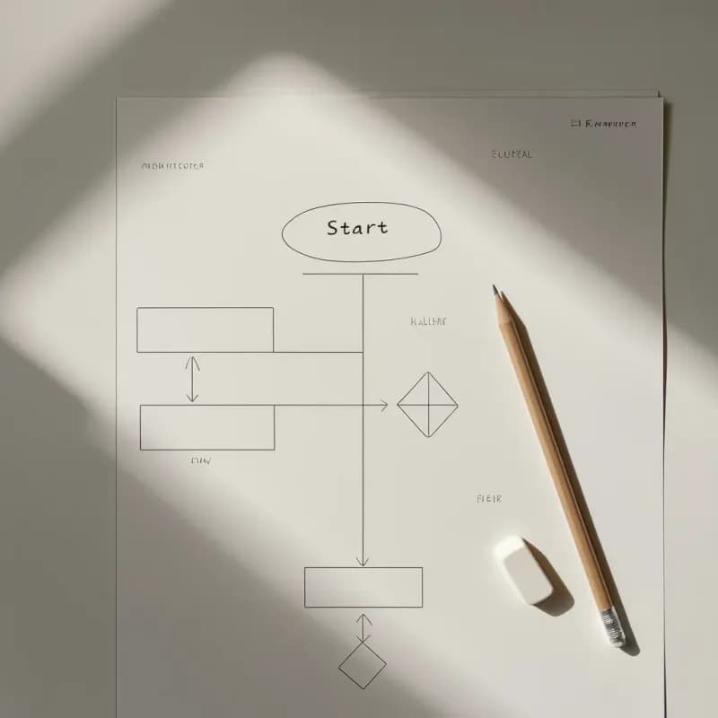 Pencil-drawn flowchart skeleton on white paper with start oval, blank rectangles, and a diamond connected by arrows