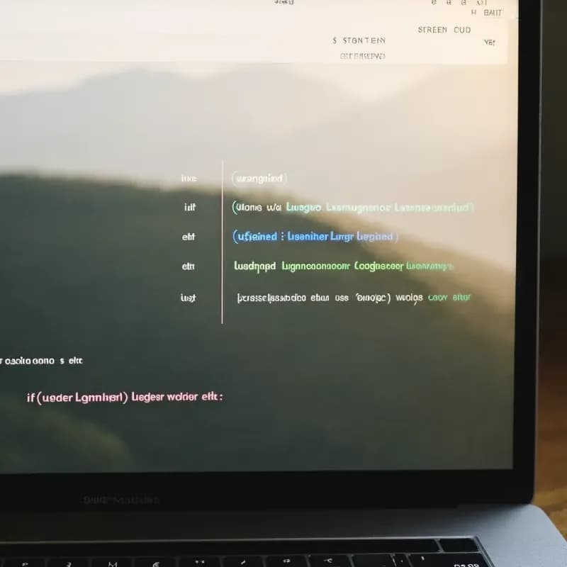 Laptop screen showing source code with if and else syntax, user.loggedIn condition, and English variable names highlighted