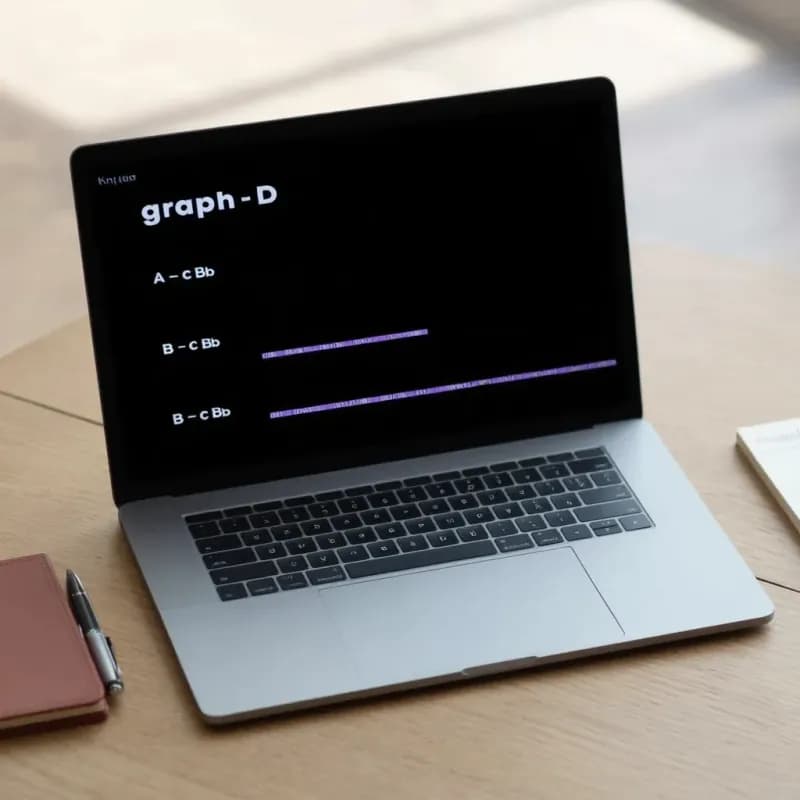 Laptop screen showing a code editor with Mermaid syntax graph TD and node connections A and B