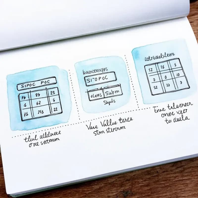 Three style icons in a row: SIPOC strip, value-stream line, swimlane row