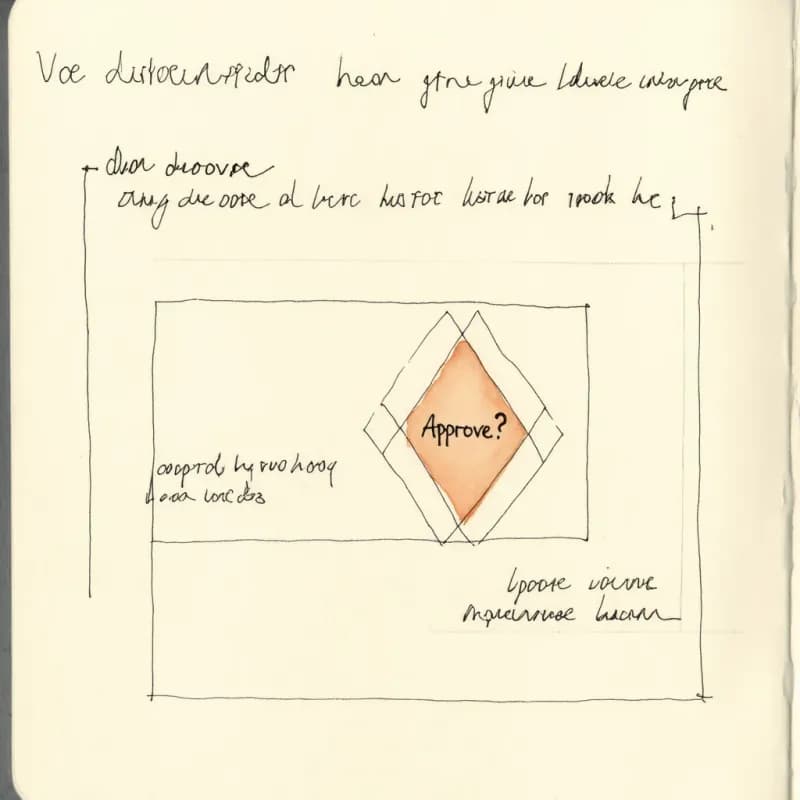 Double-bordered diamond labelled Approve? with two branches representing an approval gate