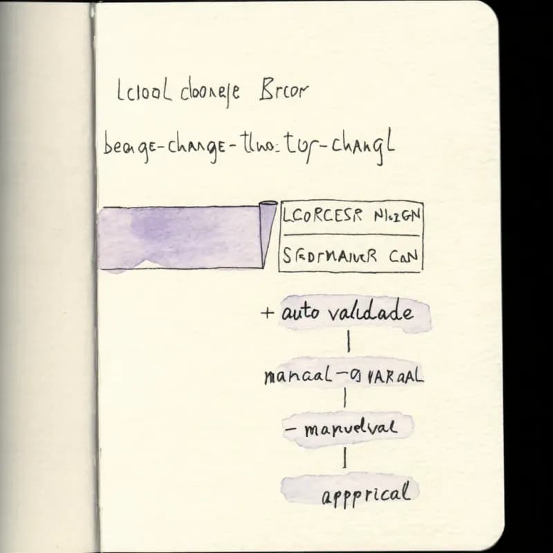 Process map at top with a change-log scroll listing + auto-validate and minus manual approval