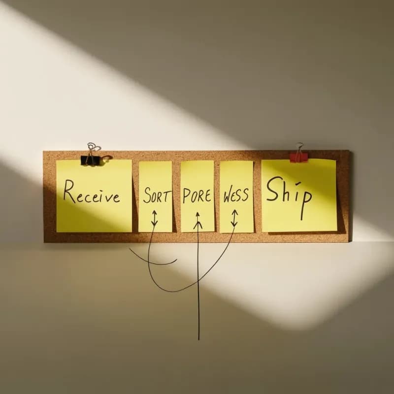 Cork board with yellow sticky notes labelled Receive, Sort, Process, Ship connected by drawn arrows in a horizontal row