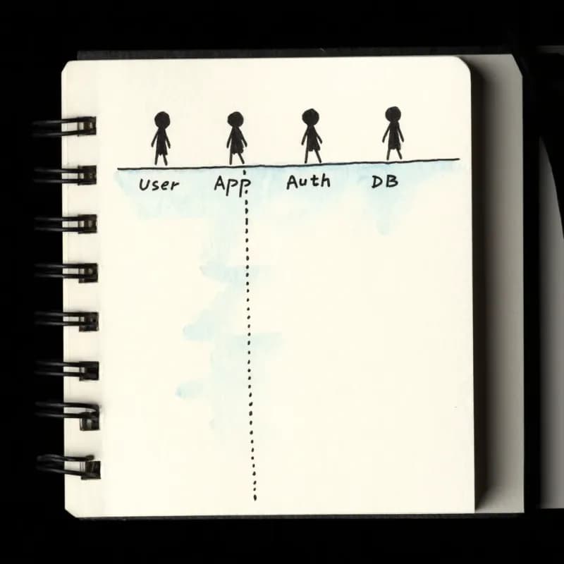 Four stick figures at the top — User, App, Auth, DB — each above a vertical lifeline