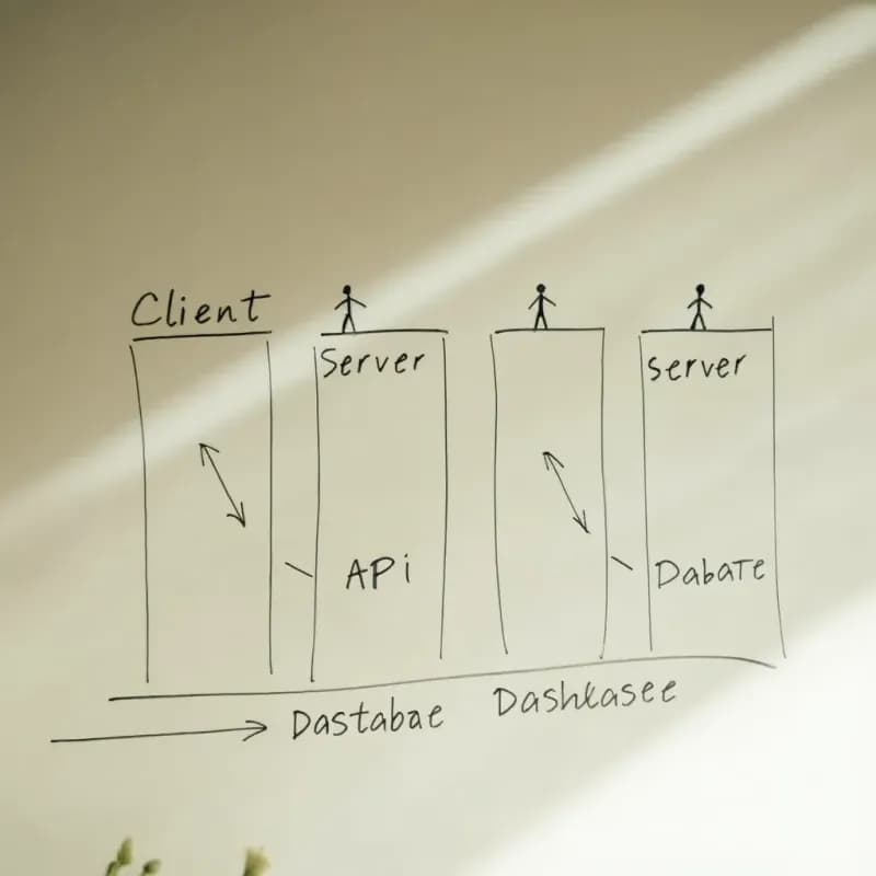 Whiteboard sketch of four vertical lifelines labelled Client, Server, API, Database with stick figures at the top