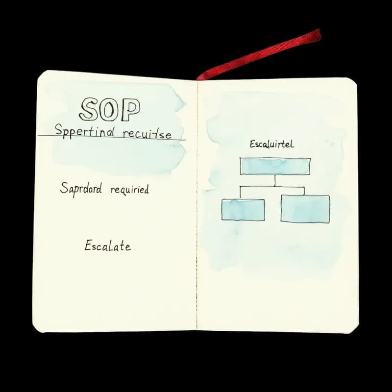 SOP page with phrases Approval required and Escalate transforming into a flowchart