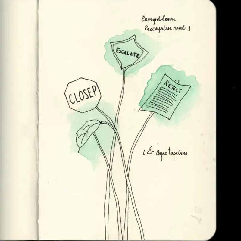 Three end-node shapes: stop-sign Close, shield Escalate, paper Reject
