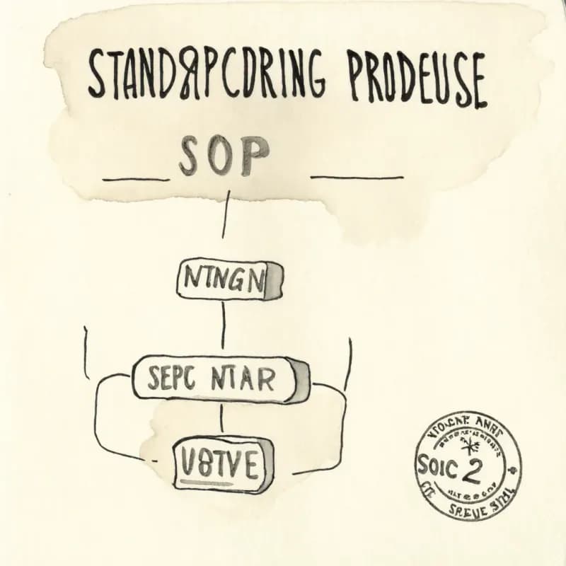 Neutral grayscale SOP flowchart with a small SOC 2 audit-stamp icon in the corner