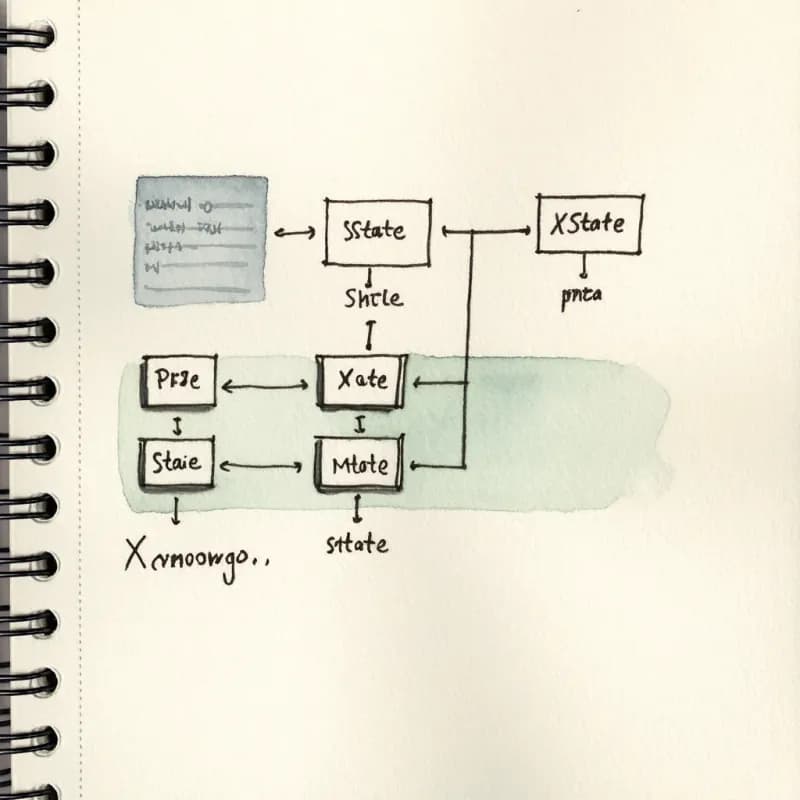 Pen-drawn state machine with a faint code-block ghost behind it suggesting modelled in code