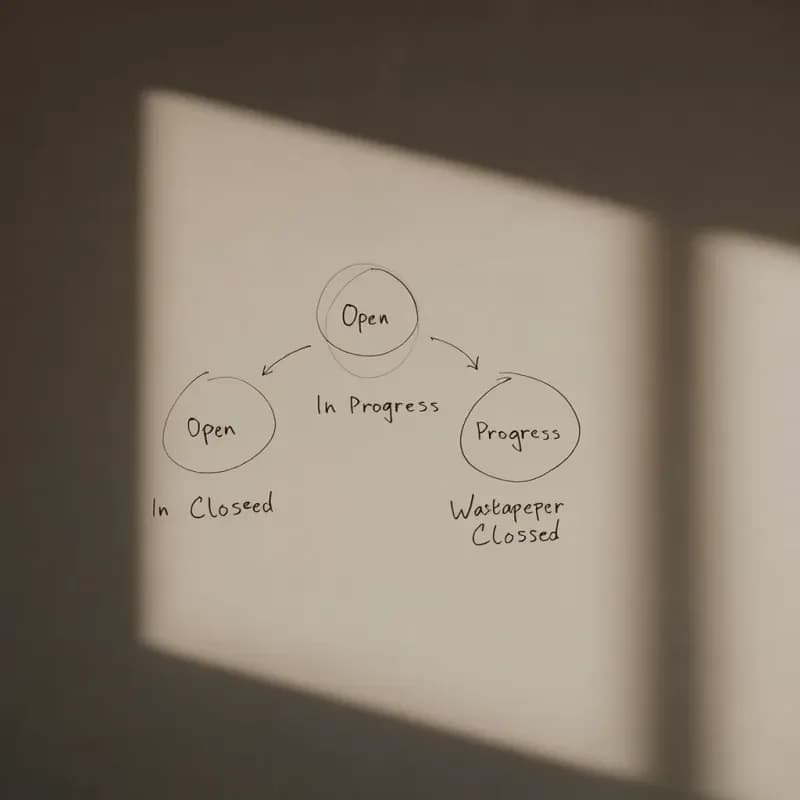 Whiteboard sketch of three circular state nodes labelled Open, In Progress, Closed connected by directional transition arrows