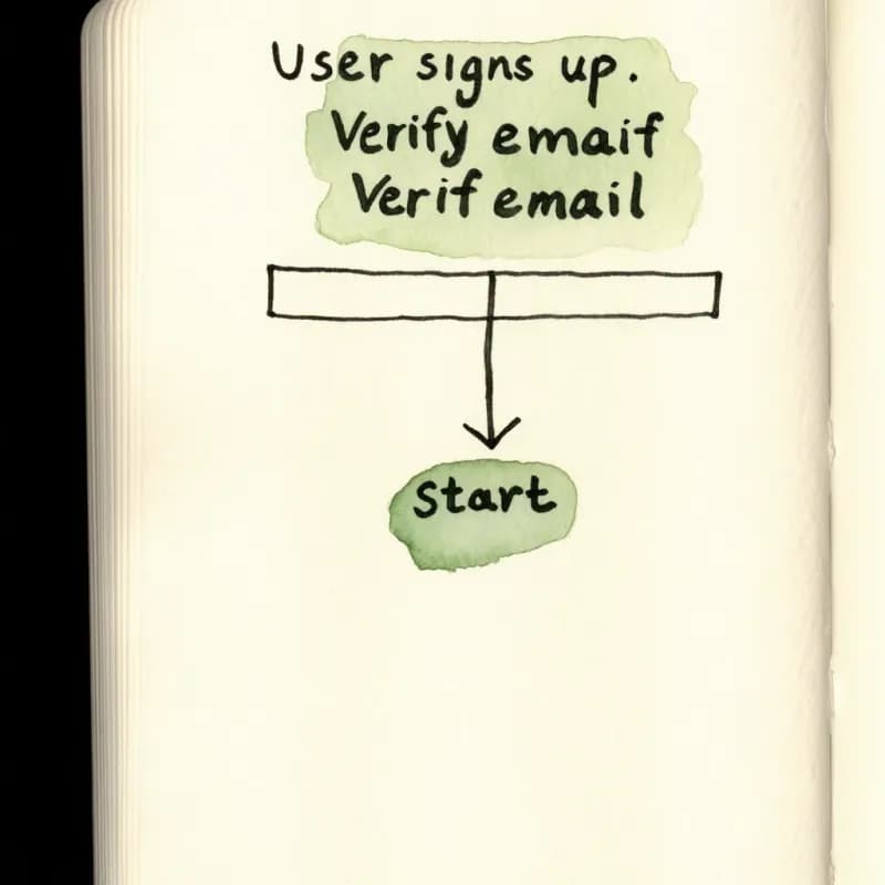 Handwritten paragraph at top, arrow pointing down to a small flowchart with start oval and rectangles