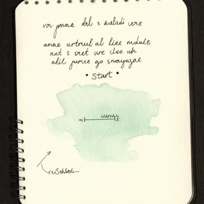 Mid-paragraph text fragment with arrow pointing to a freshly drawn start oval