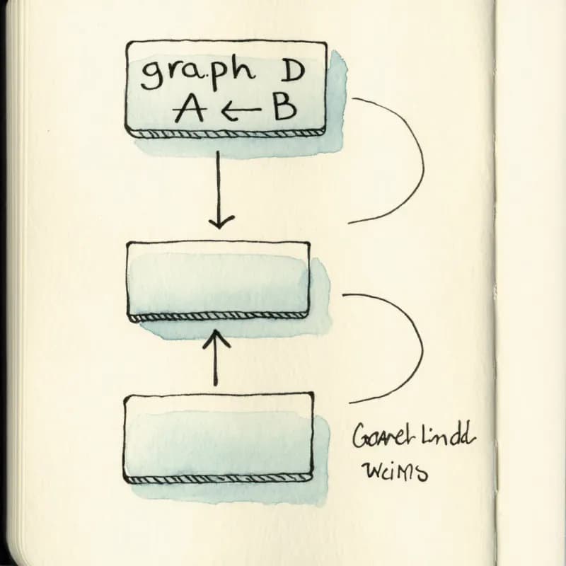 Mermaid code block round-tripping to a pen-drawn flowchart with a curved loop arrow