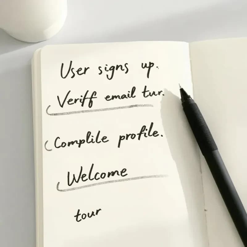 Cream notebook page with handwritten English cursive describing a user onboarding sequence