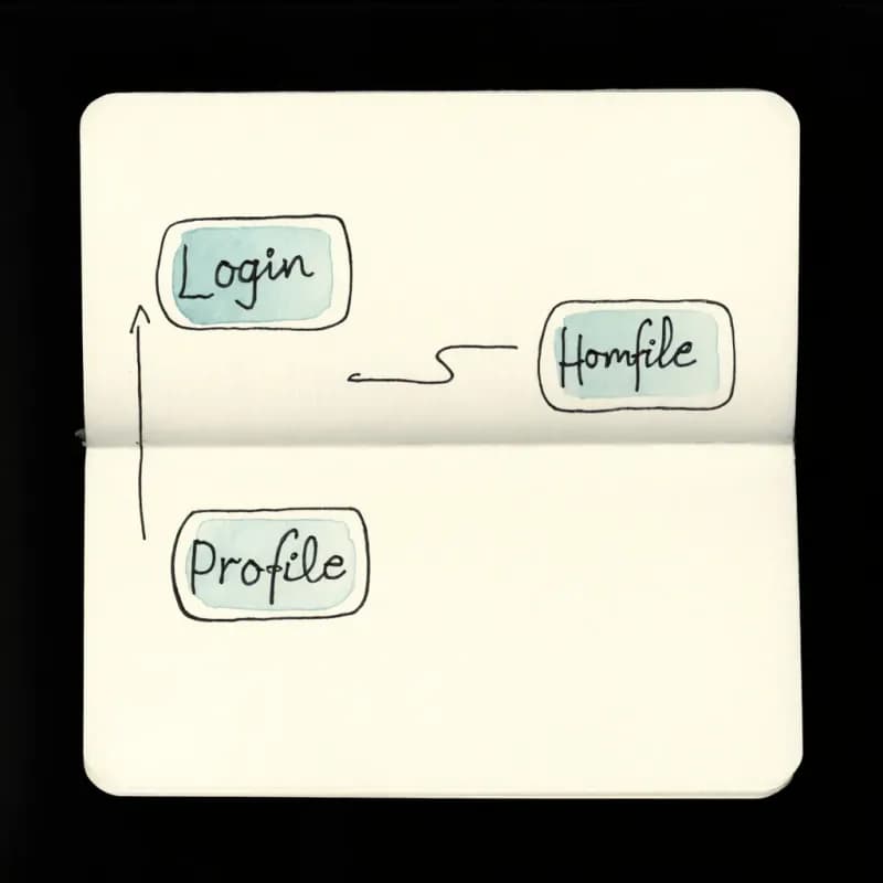 Three phone-shaped rounded rectangles labelled Login, Home, Profile connected by arrows