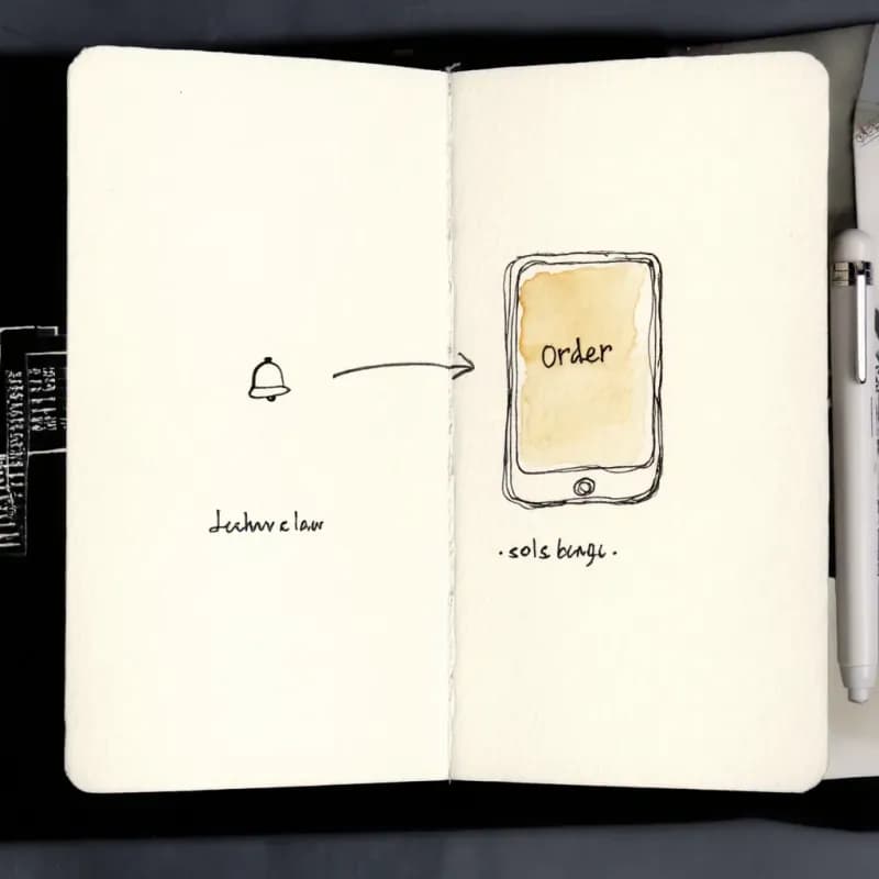 Notification bell icon on left with curved arrow connecting to a phone-shaped Order screen