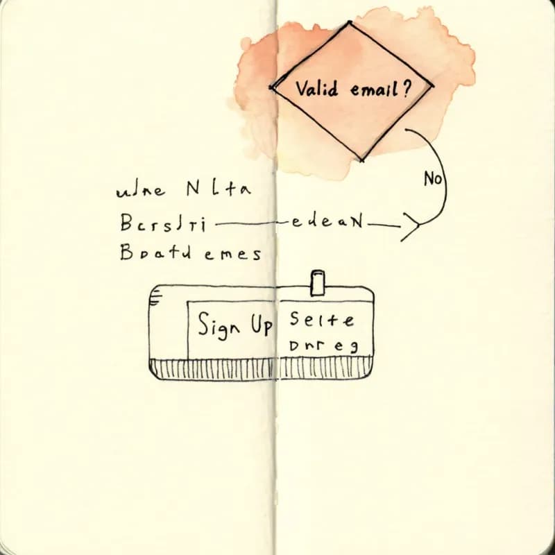 Phone-shaped Sign Up rectangle below a diamond labelled Valid email? with a retry loop arrow