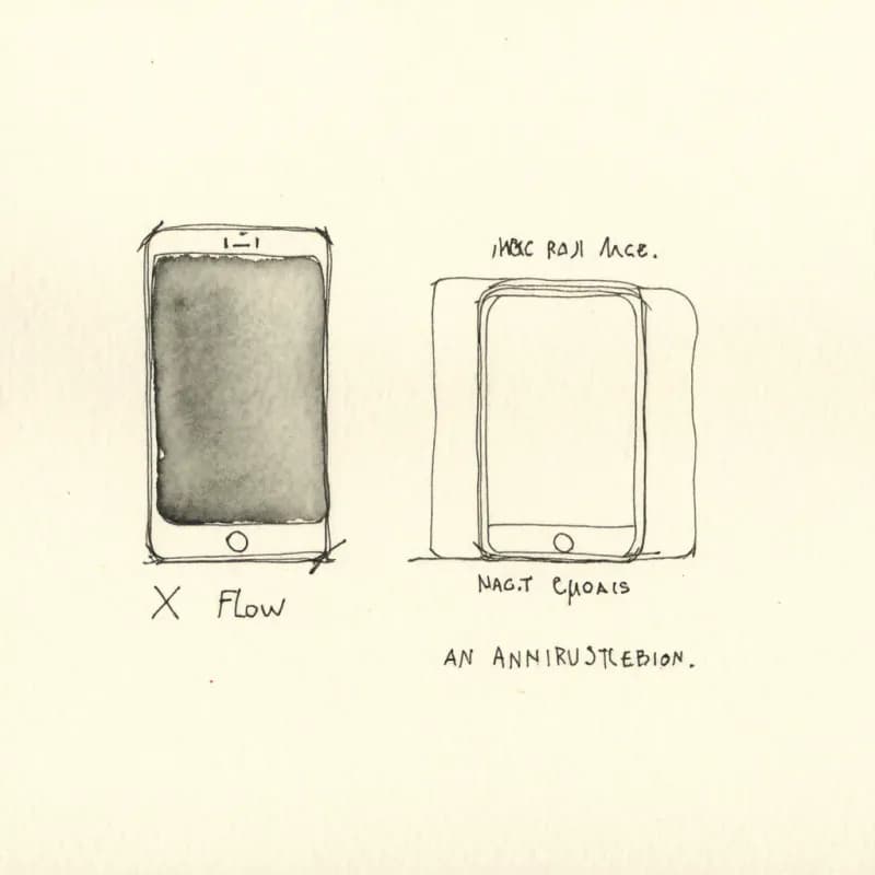 Phone-shaped flow rectangle on left and a separate wireframe with widgets on right