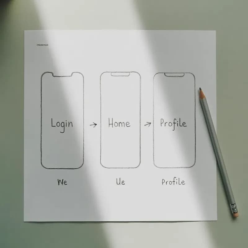 Wireframe storyboard on paper showing three mobile phone-shaped rectangles labelled Login, Home, Profile connected by arrows