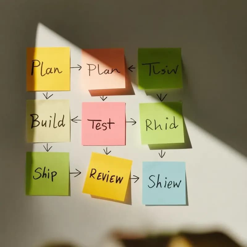 Wall covered in colorful sticky notes — yellow, pink, green, blue — labelled Plan, Build, Test, Ship, Review with arrows