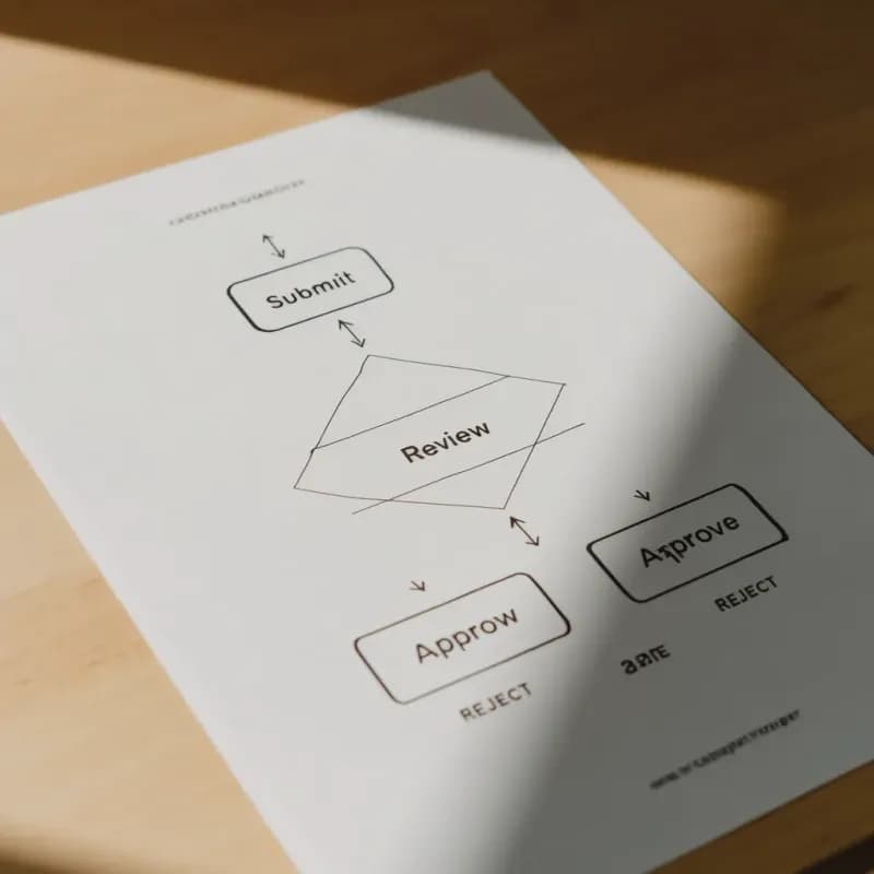 Printed sheet showing four rounded rectangle business process tasks Submit, Review, Approve, Reject linked by gateways