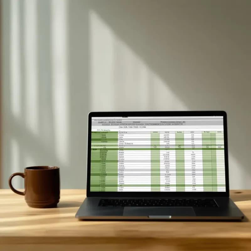 Laptop screen showing a spreadsheet with Name, Status, Date, Owner column headers and green-banded data rows