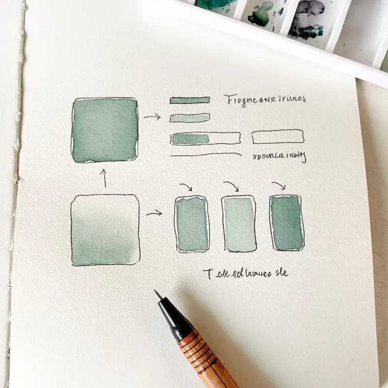 Small flow diagram beside a watercolor palette swatch fan with arrow showing theme application