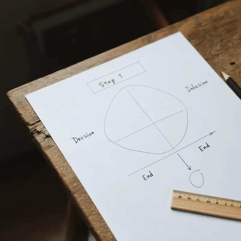 White paper with loose pencil shapes — a rectangle labelled Step 1, a diamond labelled Decision, a circle labelled End — connected by arrows