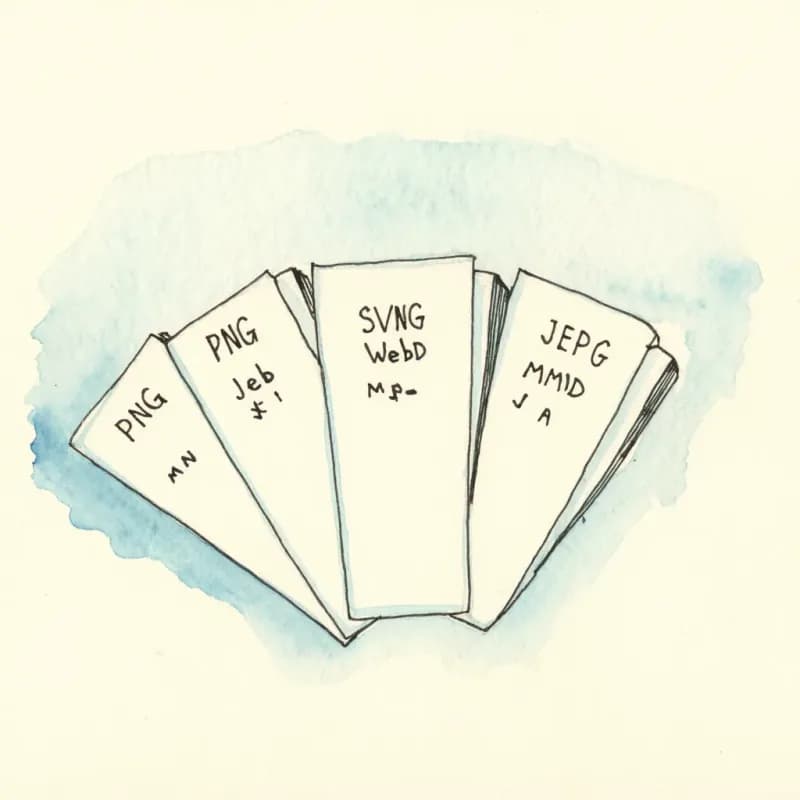 Fan of five file format tags: PNG, SVG, WebP, JPEG, MMD