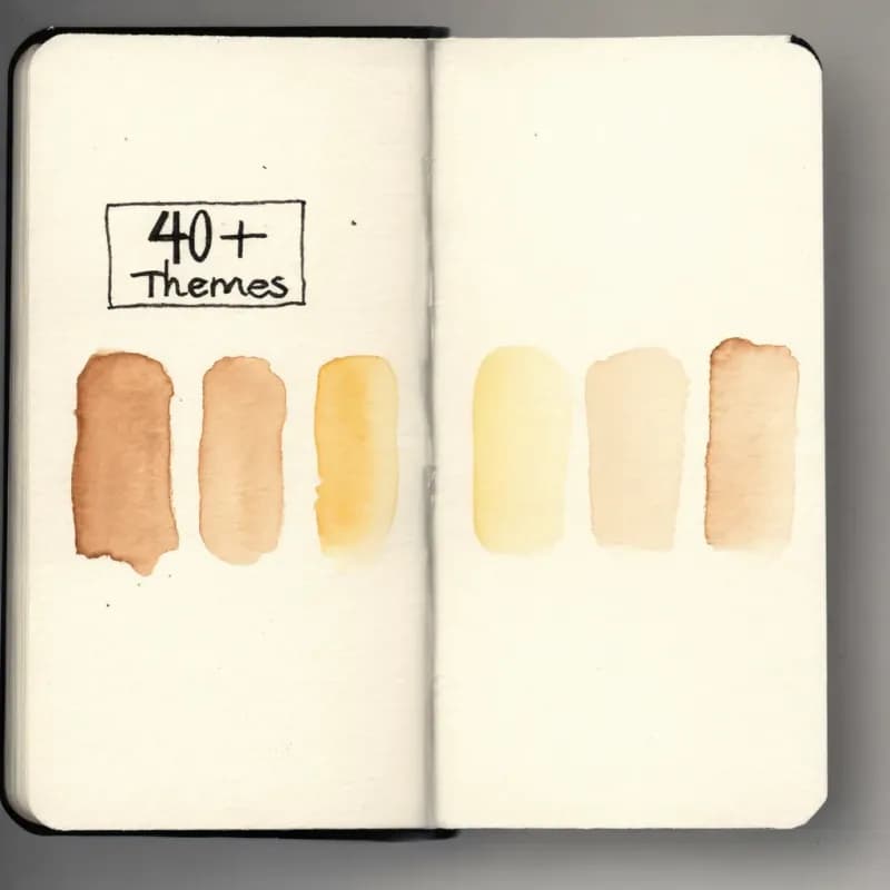 Six watercolor swatches in a row beneath a 40+ Themes label