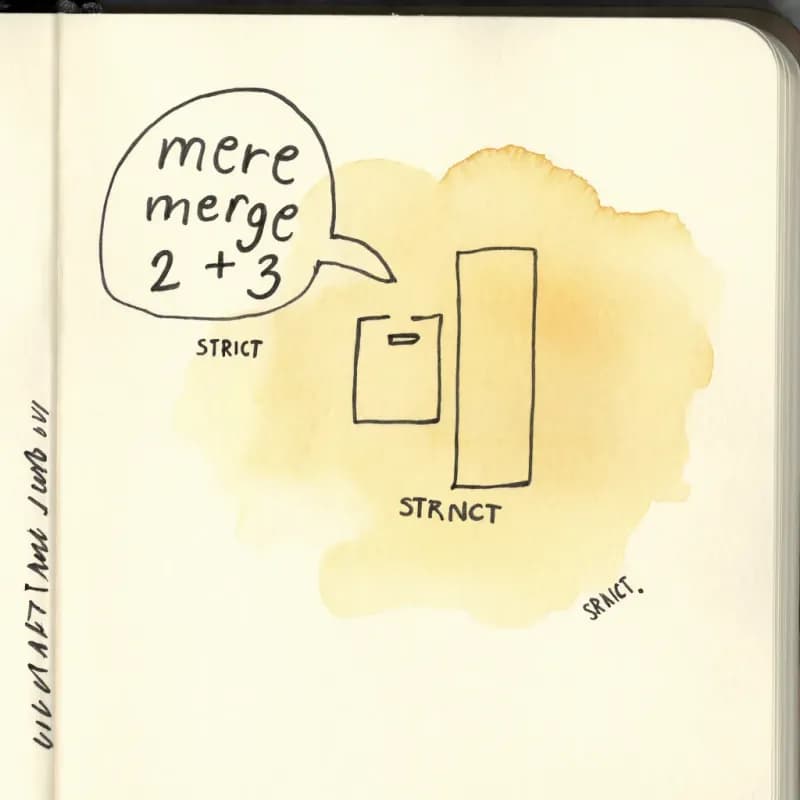 Speech bubble saying merge 2 + 3 above two rectangles combining into one