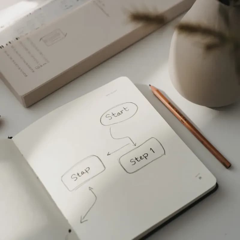 Open sketchbook with a flowchart beginning — an oval labelled Start connected by arrow to a rectangle labelled Step 1