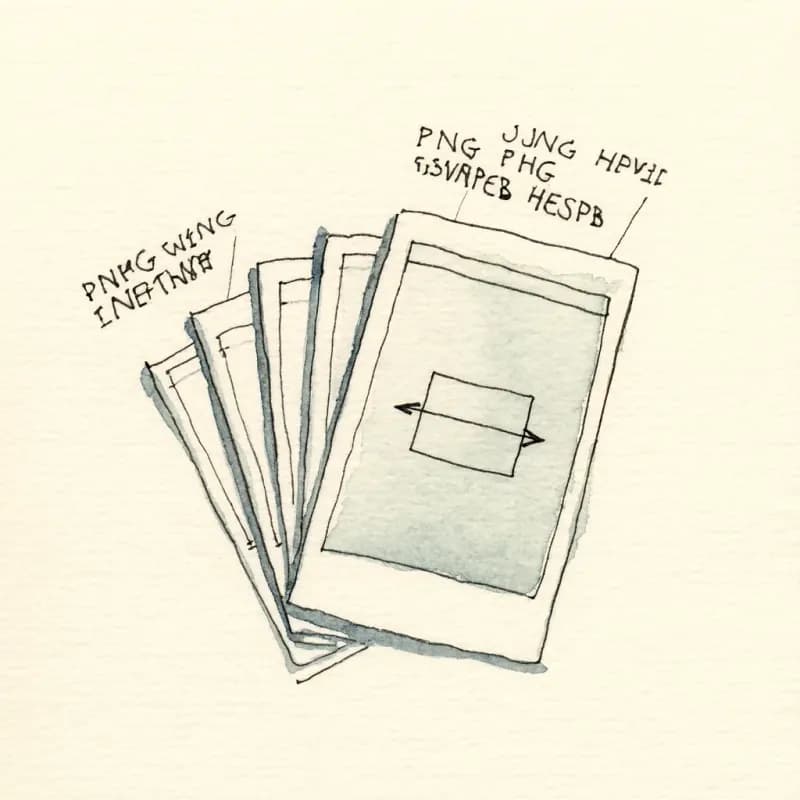 Fan of six photo prints labelled PNG, JPG, WEBP, HEIC, SVG with tiny diagrams inside