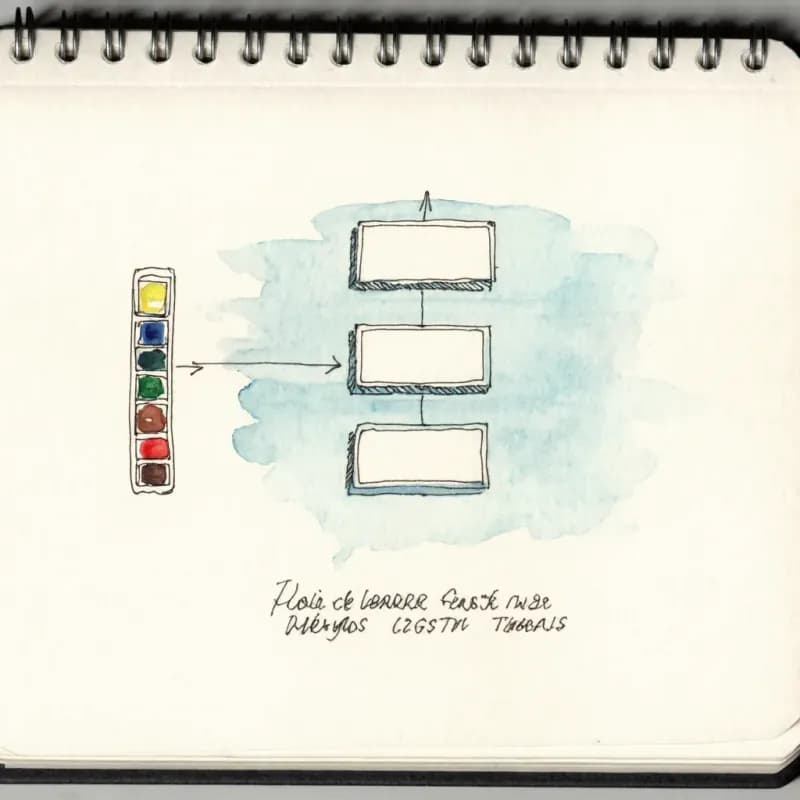 Watercolor palette swatches with arrow pointing to a small pen-drawn flowchart