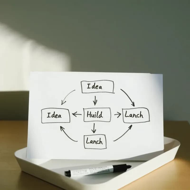 Photograph of a whiteboard with a hand-drawn workflow in marker connecting three rectangles labelled Idea, Build, Launch