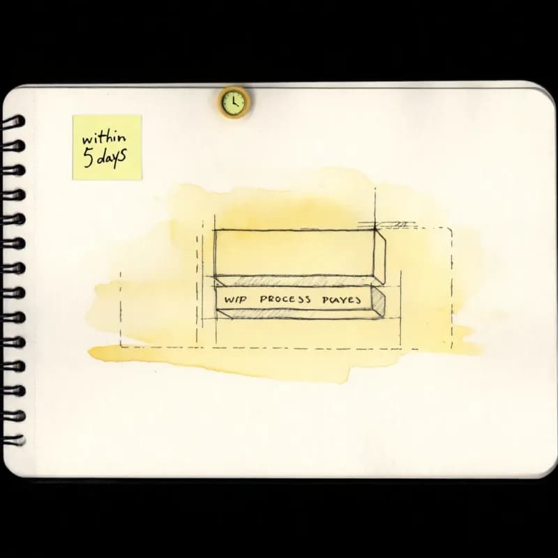 Process step rectangle with a clock sticky-note labelled within 5 days