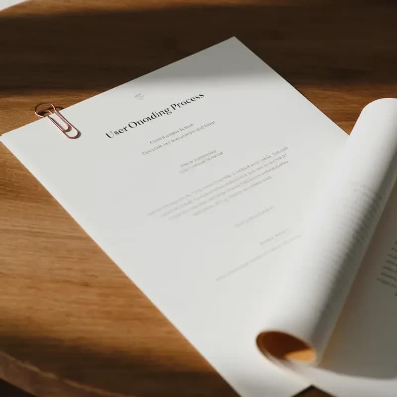 Printed multi-page PDF document fanned out on a desk showing a User Onboarding Process title and structured text