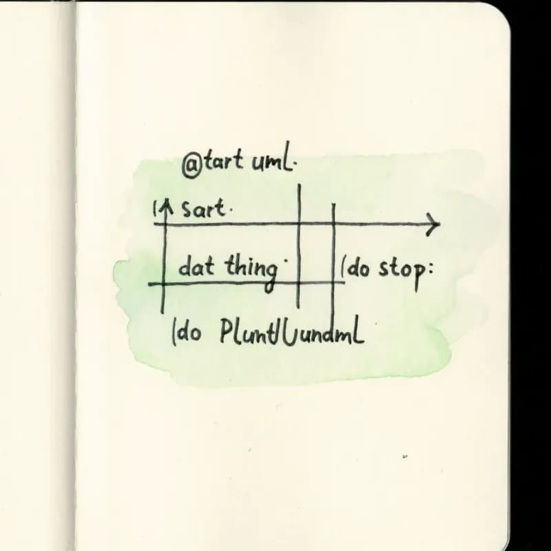 Hand-lettered PlantUML code block showing @startuml, start, action, stop, @enduml