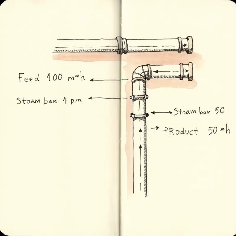 Two horizontal pipes with three handwritten labels: Feed 100 m³/h, Steam 4 bar, Product 50 kg/h