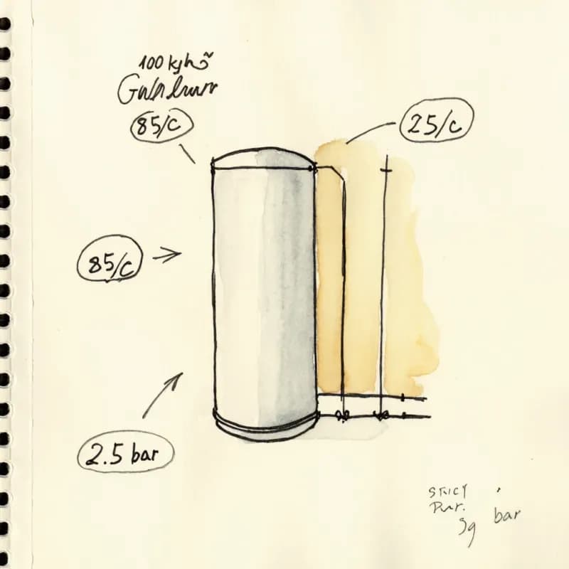 Single cylindrical tank with three callout annotations: 100 kg/h, 85°C, 2.5 bar