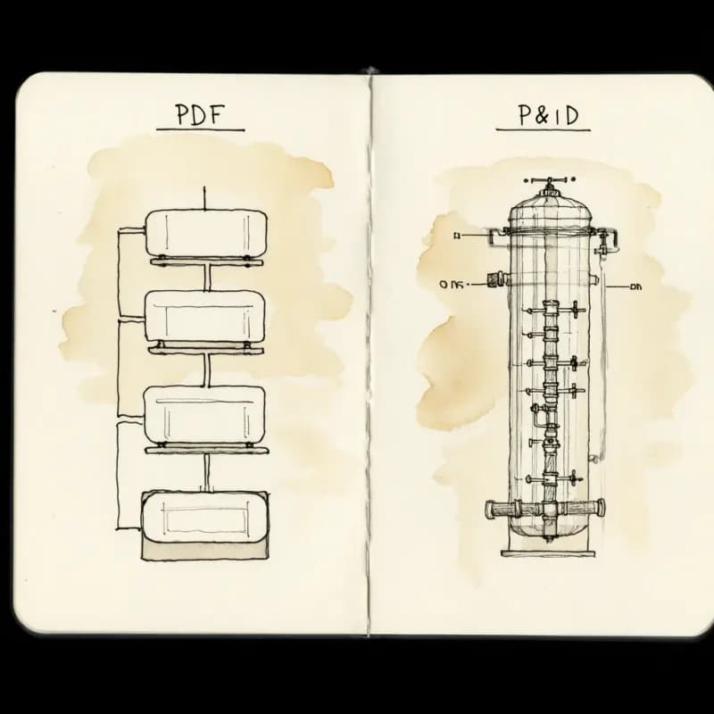 Side-by-side comparison: simple PFD on left and dense P&ID with valves and dots on right