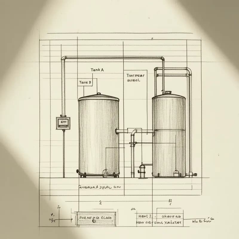 Engineering grid paper with a pencil-sketched process flow showing two tanks labelled Tank A and Tank B connected through a pump and heat exchanger
